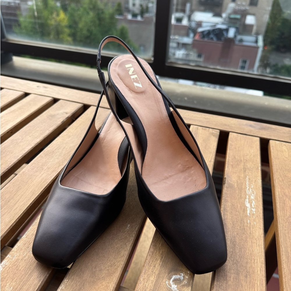 INEZ Black Slingback Square-Toe Heels